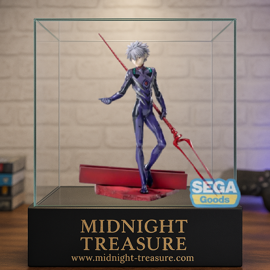 Figurine Evangelion 3.0+1.0 – Kaworu Nagisa – Luminasta – 21 cm – SEGA. Kaworu en combinaison EVA violette tenant la Lance rouge, posture élégante fidèle au film Thrice Upon a Time.