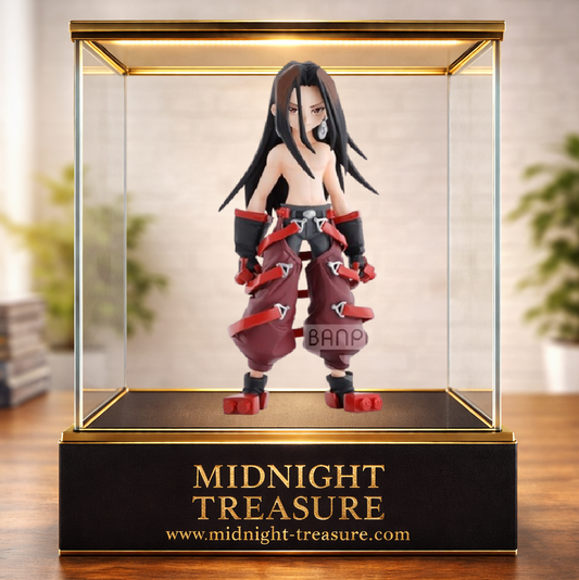 Figurine Hao Asakura Vol. 2 Banpresto 14 cm issue de Shaman King, représentant le puissant shaman torse nu avec ses longs cheveux noirs, son pantalon rouge, ses gantelets emblématiques et son regard déterminé.