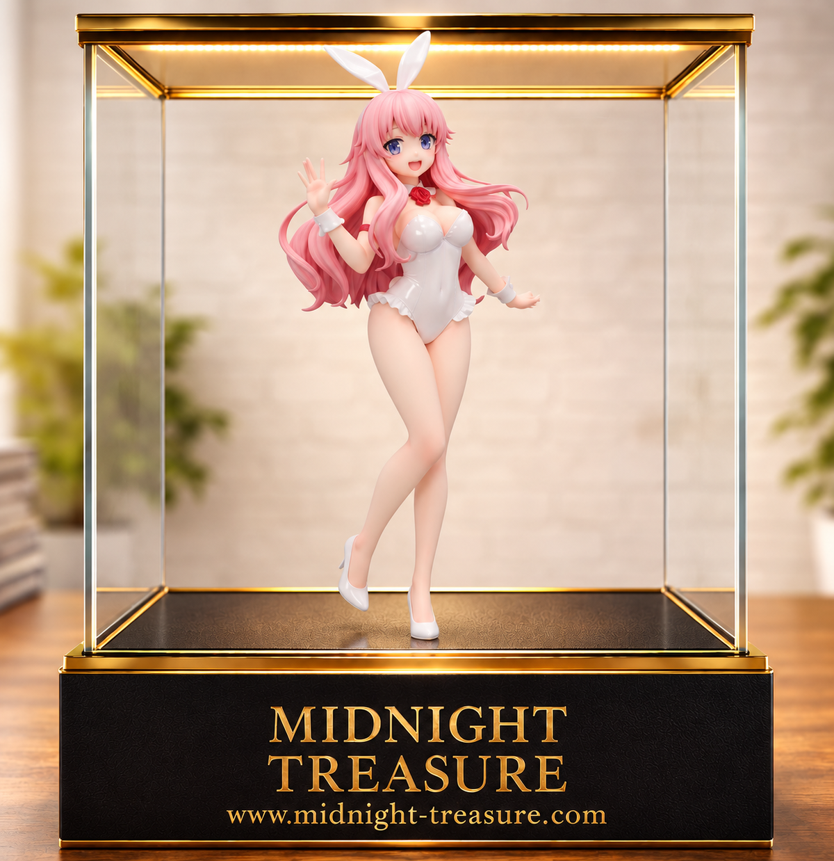Figurine Baka and Test – Himeji Mizuki – BiCute Bunnies 28 cm par FuRyu, représentée en tenue Bunny blanche avec ses longs cheveux roses et des bas résille noirs.