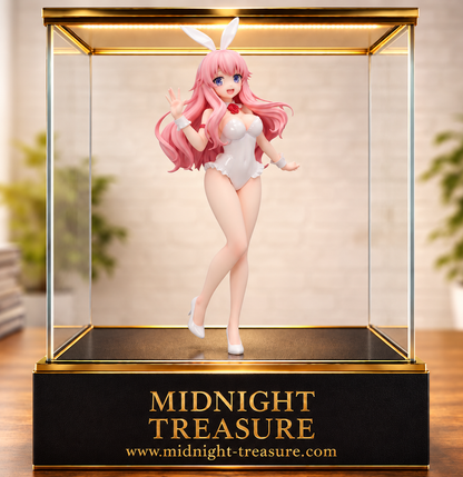 Figurine Baka and Test – Himeji Mizuki – BiCute Bunnies 28 cm par FuRyu, représentée en tenue Bunny blanche avec ses longs cheveux roses et des bas résille noirs.