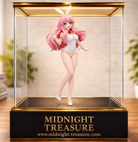 Figurine Baka and Test – Himeji Mizuki – BiCute Bunnies 28 cm par FuRyu, représentée en tenue Bunny blanche avec ses longs cheveux roses et des bas résille noirs.