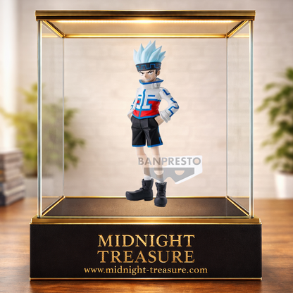 Figurine Horohoro Banpresto 14 cm issue de Shaman King, représentant Horokeu Usui dans sa tenue emblématique avec ses cheveux bleu glacé, son bandeau noir et sa posture confiante, mains dans les poches.