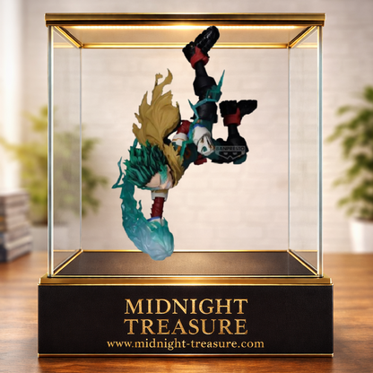 Figurine Izuku Midoriya Deku The Amazing Heroes-Plus Banpresto 20 cm issue de My Hero Academia, représentant Deku en pleine acrobatie utilisant le One For All avec des effets d'énergie turquoise et une pose dynamique.