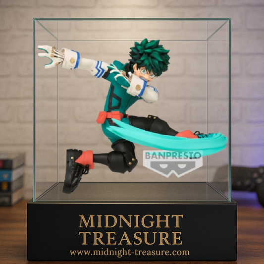 Figurine My Hero Academia – Izuku Midoriya – The Amazing Heroes Plus – 10 cm – Banpresto. Midoriya en plein saut avec effet d’énergie turquoise. Une figurine compacte et dynamique pour les fans de MHA.