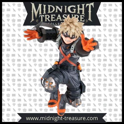 Figurine PVC Katsuki Bakugo – The Amazing Heroes WHM (15 cm) de My Hero Academia. Une pose dynamique avec sa tenue noire du film World Heroes' Mission, prêt à déclencher une explosion. Produit officiel Banpresto.