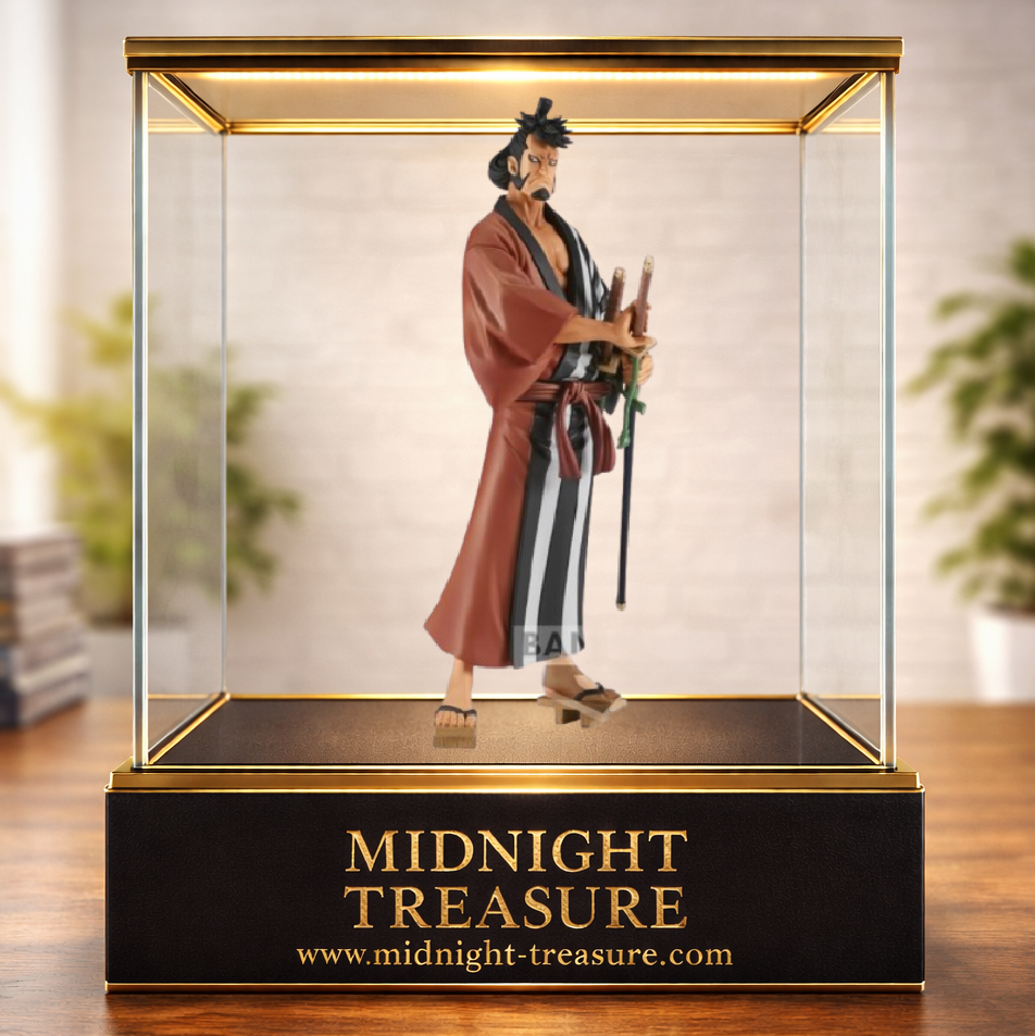 Figurine Kin'emon The Grandline Men Banpresto 17 cm issue de One Piece, représentant le chef des Neuf Fourreaux Rouges dans sa tenue traditionnelle du Pays de Wano avec ses deux katanas et son kimono de samouraï.