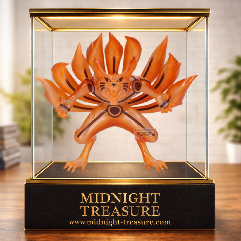 Figurine Naruto Shippuden – Kurama Ver. B – 15 cm – Banpresto Bandai Spirits. Kurama, le démon-renard à neuf queues, apparaît sous sa forme de chakra orange translucide avec ses neuf queues déployées dans une posture menaçante fidèle à l'anime.