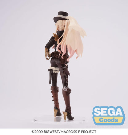 Figurine Macross Frontier – Sheryl Nome "Figurizma Ver." – 19 cm – SEGA. Sheryl Nome en tenue steampunk élégante avec haut-de-forme et ailes dorées. Une figurine détaillée incontournable pour les fans de Macross.