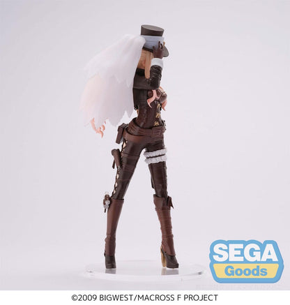 Figurine Macross Frontier – Sheryl Nome "Figurizma Ver." – 19 cm – SEGA. Sheryl Nome en tenue steampunk élégante avec haut-de-forme et ailes dorées. Une figurine détaillée incontournable pour les fans de Macross.