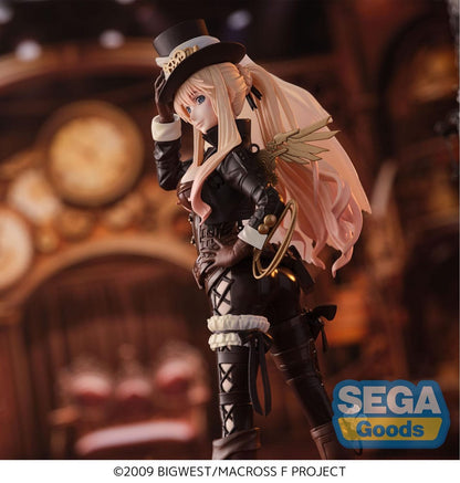 Figurine Macross Frontier – Sheryl Nome "Figurizma Ver." – 19 cm – SEGA. Sheryl Nome en tenue steampunk élégante avec haut-de-forme et ailes dorées. Une figurine détaillée incontournable pour les fans de Macross.