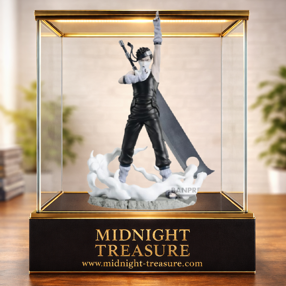 Figurine Momochi Zabuza Memorable Saga Banpresto 14 cm issue de Naruto, représentant le Démon de la Brume Cachée lors de son combat contre Kakashi Hatake avec la Kubikiribōchō, un mudra et des effets de brouillard sculptés.