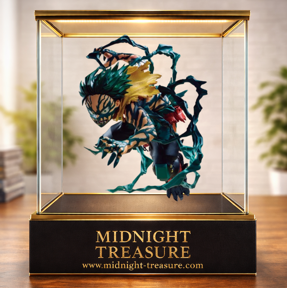 Figurine My Hero Academia – Izuku Midoriya – The Amazing Heroes DX – 14 cm – Banpresto. Deku entouré d’effets d’énergie verte du One For All dans une pose de combat dynamique.