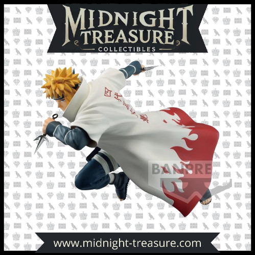 Figurine PVC Namikaze Minato – Vibration Stars (18 cm) de Naruto Shippuden. Pose dynamique avec kunai et manteau de Hokage en mouvement. Produit officiel Banpresto inspiré de l’anime Naruto.