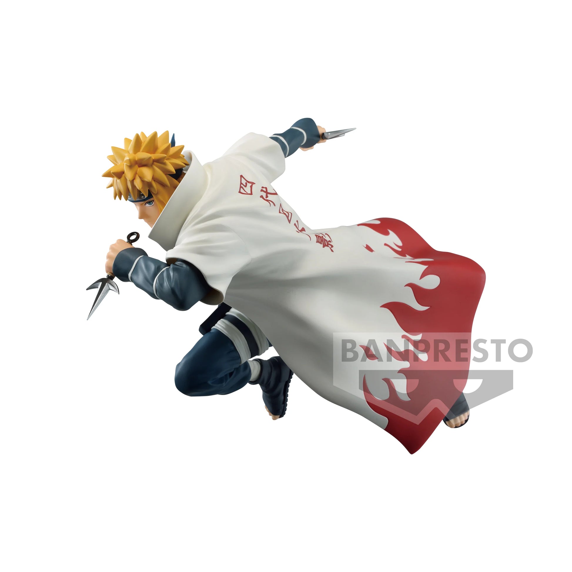 Figurine PVC Namikaze Minato – Vibration Stars (18 cm) de Naruto Shippuden. Pose dynamique avec kunai et manteau de Hokage en mouvement. Produit officiel Banpresto inspiré de l’anime Naruto.