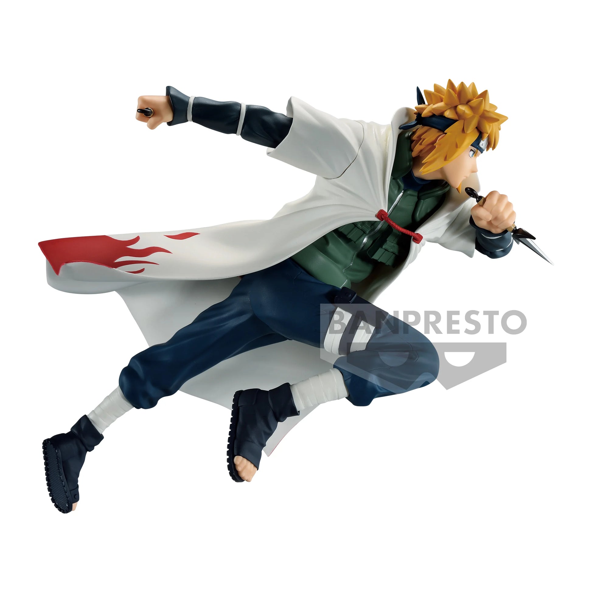 Figurine PVC Namikaze Minato – Vibration Stars (18 cm) de Naruto Shippuden. Pose dynamique avec kunai et manteau de Hokage en mouvement. Produit officiel Banpresto inspiré de l’anime Naruto.