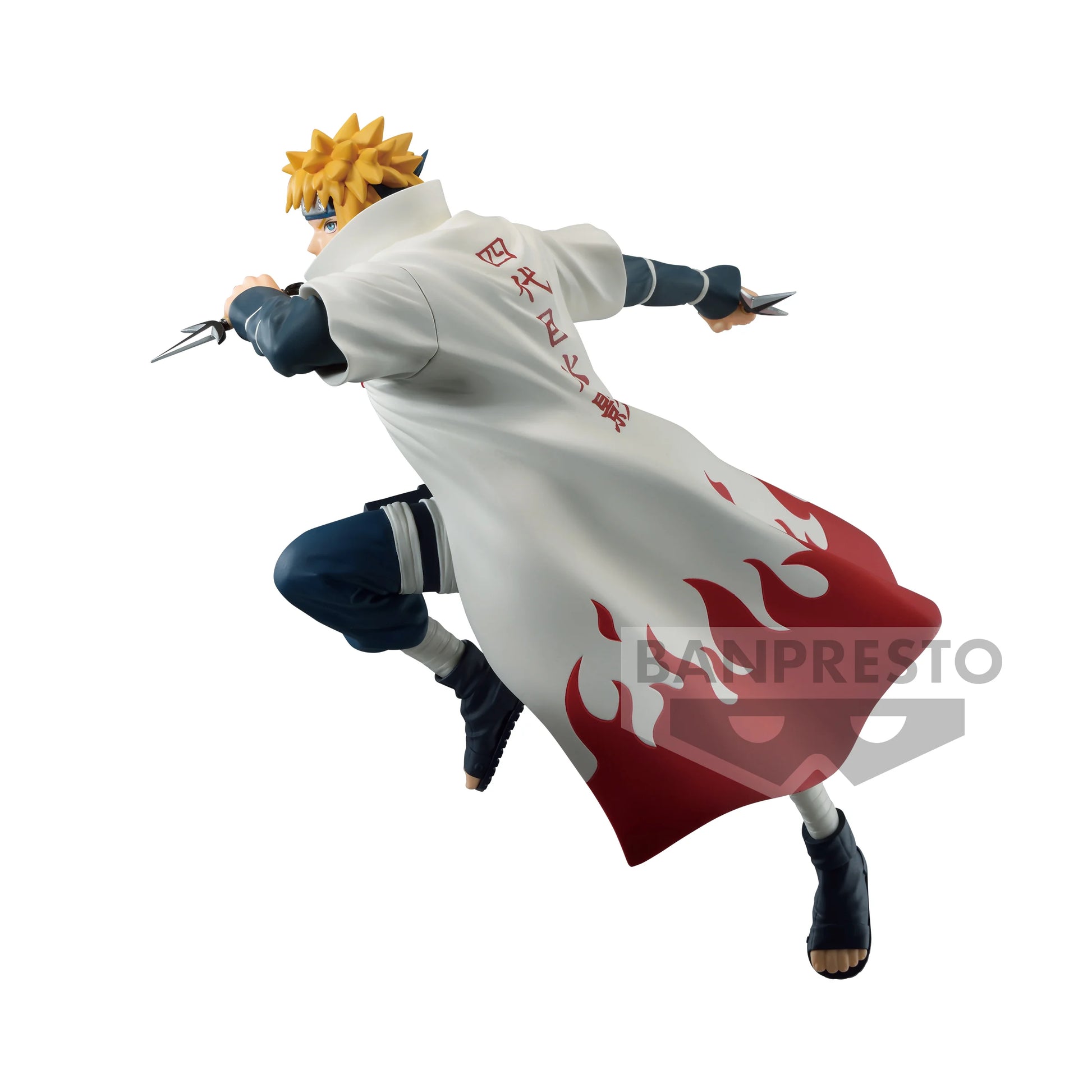 Figurine PVC Namikaze Minato – Vibration Stars (18 cm) de Naruto Shippuden. Pose dynamique avec kunai et manteau de Hokage en mouvement. Produit officiel Banpresto inspiré de l’anime Naruto.