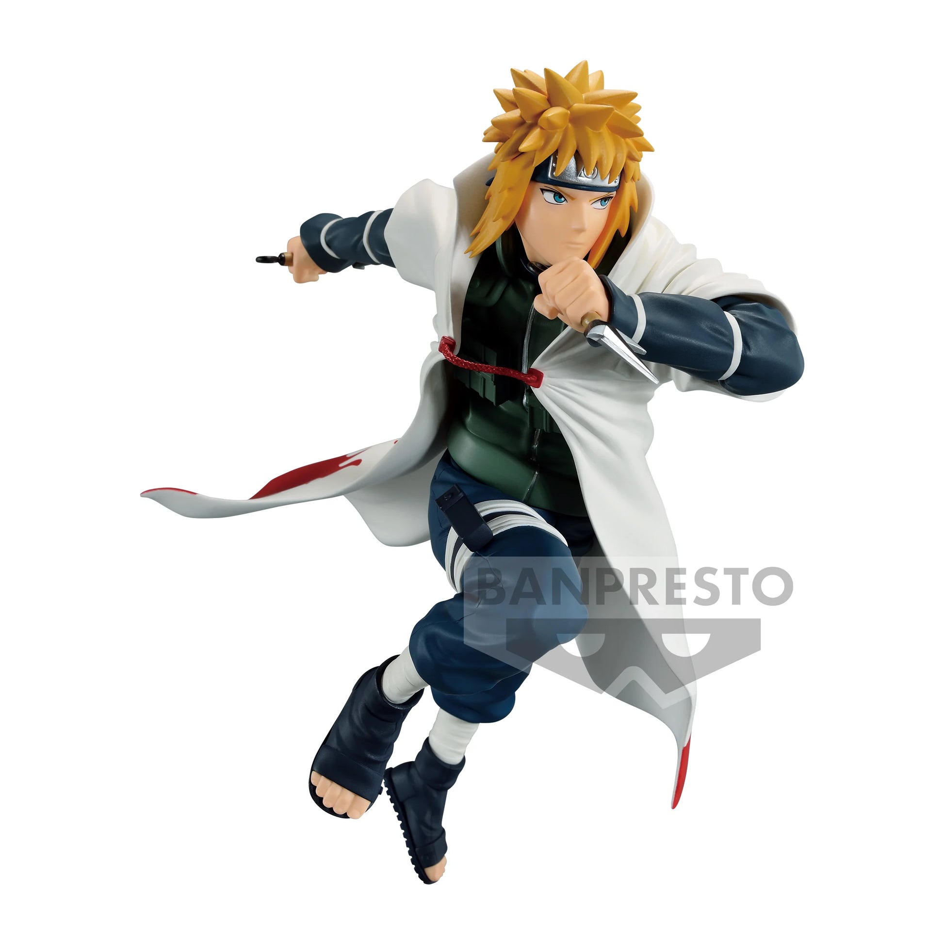 Figurine PVC Namikaze Minato – Vibration Stars (18 cm) de Naruto Shippuden. Pose dynamique avec kunai et manteau de Hokage en mouvement. Produit officiel Banpresto inspiré de l’anime Naruto.