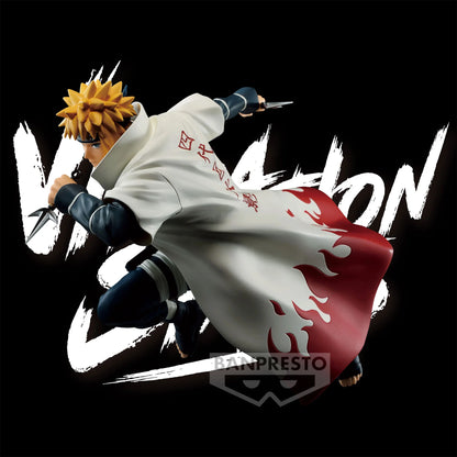 Figurine PVC Namikaze Minato – Vibration Stars (18 cm) de Naruto Shippuden. Pose dynamique avec kunai et manteau de Hokage en mouvement. Produit officiel Banpresto inspiré de l’anime Naruto.