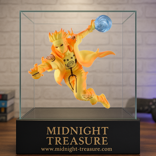 Figurine Naruto Shippuden – Minato Namikaze – Mode Chakra Kyûbi – 18 cm – Banpresto. Minato en pleine attaque avec Rasengan et aura orangée du chakra de Kyûbi, issu de l’arc de la Quatrième Grande Guerre Ninja.