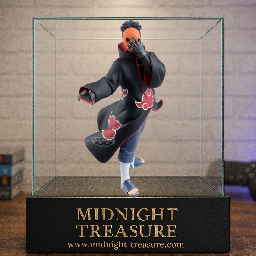 Figurine Naruto Shippuden – Tobi – Vibration Stars – 17 cm – Banpresto. Tobi en manteau Akatsuki avec masque spiralé orange, posture dynamique fidèle à l’anime.