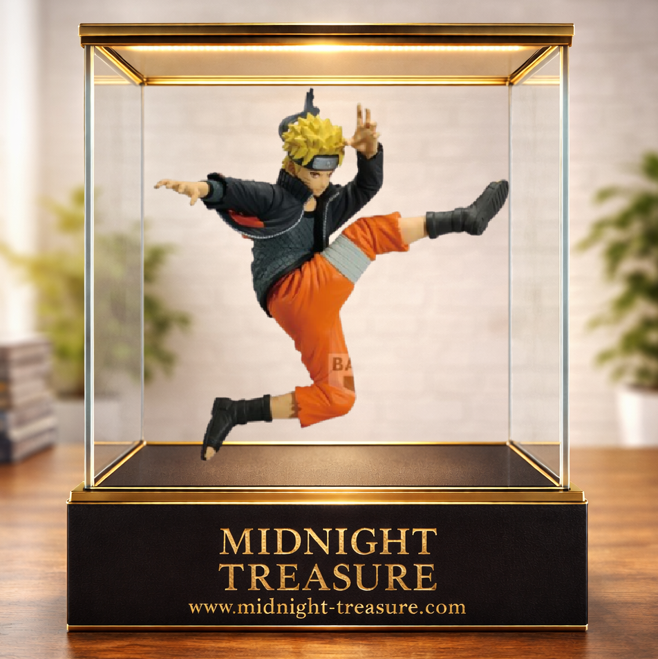 Figurine Naruto Shippuden – Naruto Uzumaki IV – Vibration Stars – 14 cm – Banpresto. Naruto est représenté dans une pose de combat dynamique avec sa tenue orange et noire et son bandeau frontal de Konoha.