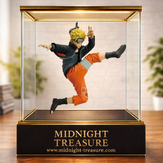 Figurine Naruto Shippuden – Naruto Uzumaki IV – Vibration Stars – 14 cm – Banpresto. Naruto est représenté dans une pose de combat dynamique avec sa tenue orange et noire et son bandeau frontal de Konoha.