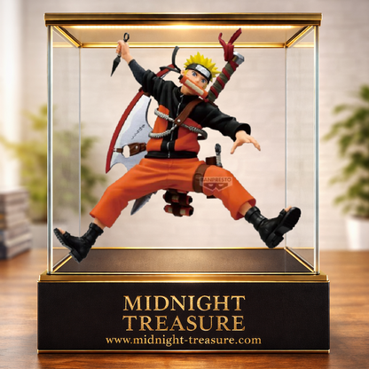 Figurine Naruto Uzumaki Vibration Stars Naruto 72 Series Banpresto 16 cm issue de Naruto Shippuden, représentant Naruto en plein saut avec un immense fûma shuriken, des kunai et un rouleau, inspirée de la couverture du volume 33 du manga.