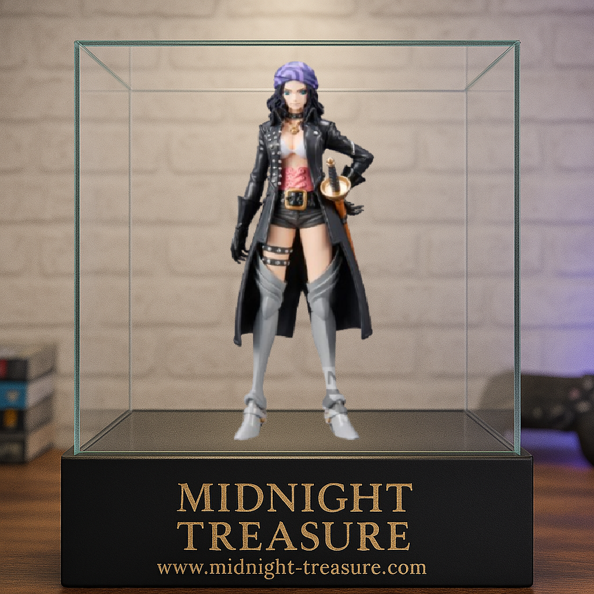 Figurine One Piece – Nico Robin – Grandline Lady Vol.2 – 17 cm – Banpresto. Robin en tenue pirate noire et corset rose, sabre à la taille. Une figurine charismatique parfaite pour les fans de One Piece.