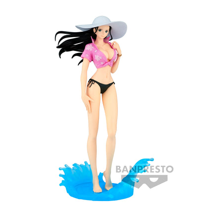 Figurine PVC Nico Robin – Glitter & Glamours (23 cm) de One Piece. Pose élégante avec bikini noir, chemise rose et effet de vague translucide. Produit officiel Banpresto inspiré du personnage culte.