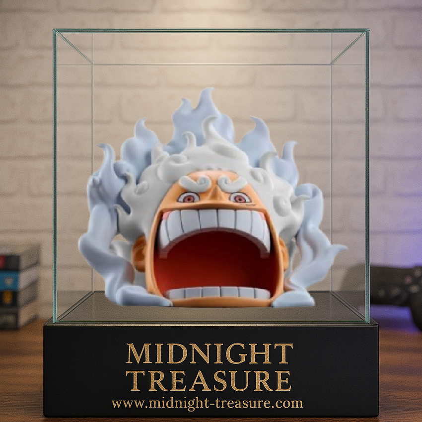 Figurine One Piece – Monkey D. Luffy Gear 5 – 14 cm – Banpresto. Tête expressive et stylisée de Luffy dans sa forme divine Nika, criant puissance et liberté. Une pièce originale pour les fans de One Piece.