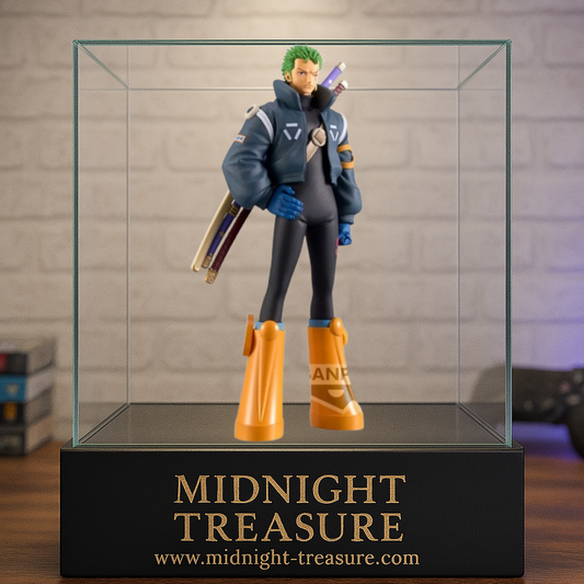 Figurine One Piece – Roronoa Zoro (Egghead Ver.) – 17 cm – Banpresto. Zoro dans sa tenue futuriste Egghead avec ses trois sabres. Une figurine détaillée parfaite pour les fans de One Piece.