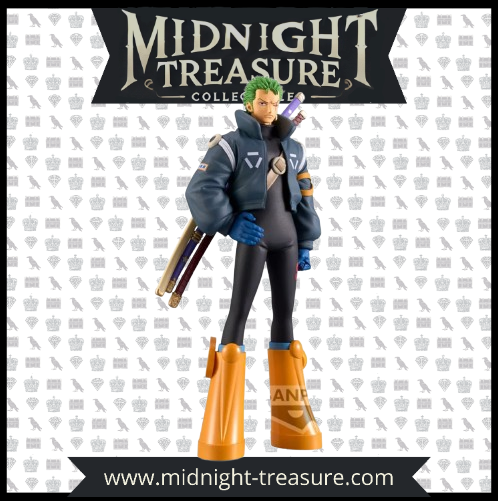 Figurine One Piece de Roronoa Zoro, arc Egghead, en PVC/ABS de 16 cm, avec tenue futuriste et ses trois sabres légendaires, parfaite pour les fans et collectionneurs.