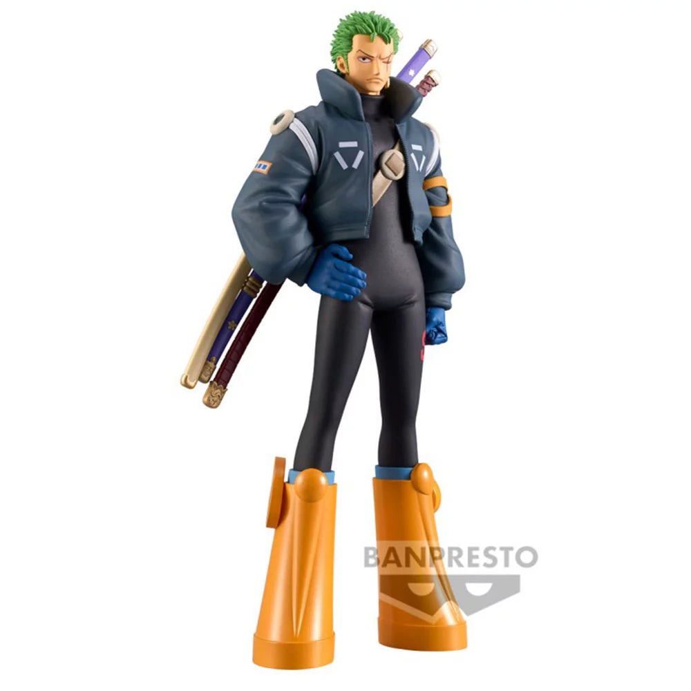 Figurine One Piece de Roronoa Zoro, arc Egghead, en PVC/ABS de 16 cm, avec tenue futuriste et ses trois sabres légendaires, parfaite pour les fans et collectionneurs.