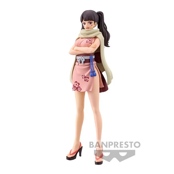 Figurine One Piece – Shinobu – DXF – 16 cm – Banpresto. Shinobu debout, bras croisés, vêtue d’une robe rose et d’une écharpe beige. Une figurine détaillée parfaite pour les fans de One Piece et de Wano.