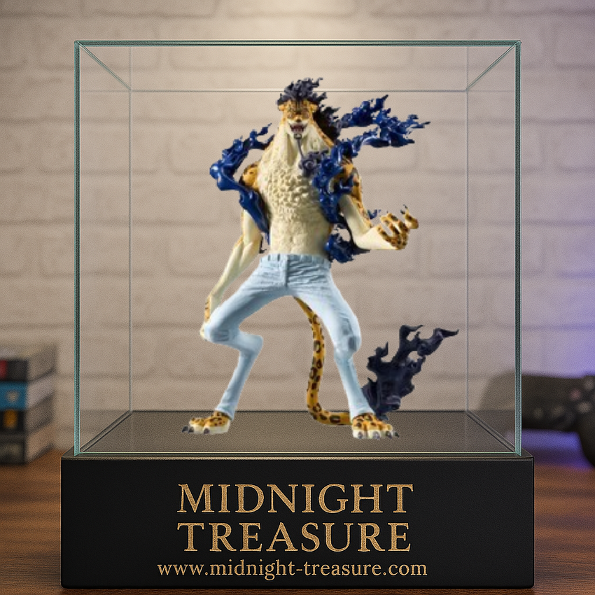 Figurine One Piece – Rob Lucci – Transformation Éveillée – 19 cm – Banpresto. Rob Lucci en forme hybride léopard avec flammes noires, posture féline et puissante. Une pièce de collection explosive pour les fans de One Piece.