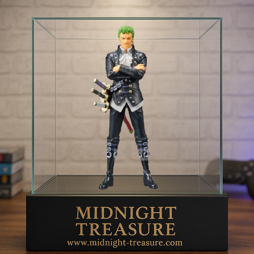 Figurine One Piece – Roronoa Zoro – DXF The Grandline Men – 17 cm – Banpresto. Zoro bras croisés, en tenue noire, avec ses trois sabres. Une figurine puissante et fidèle pour les fans de One Piece.