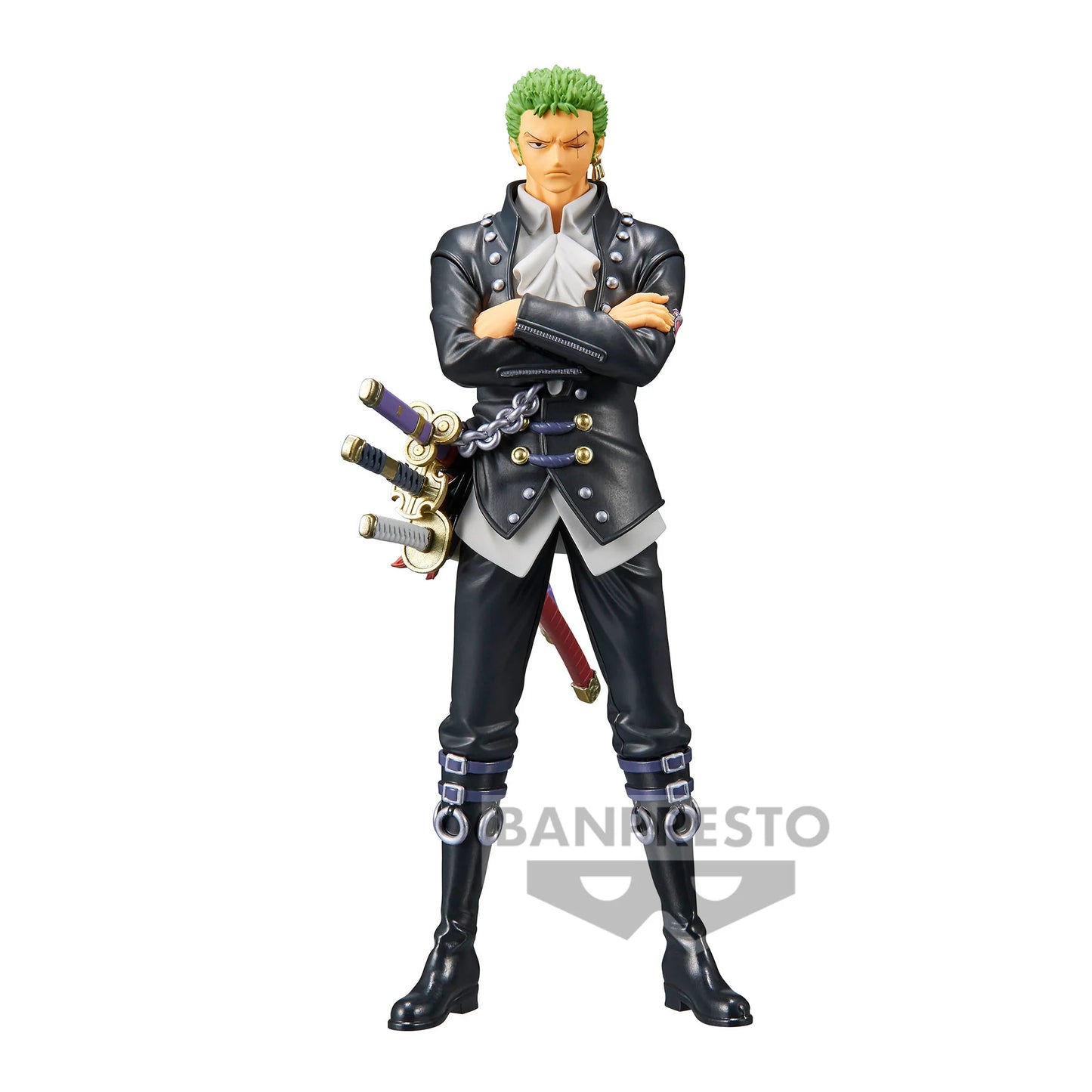 Figurine PVC Roronoa Zoro – DXF The Grandline Men (17 cm) de One Piece. Pose imposante avec ses trois sabres, fidèle au design du personnage. Produit officiel Banpresto inspiré de l’animé One Piece.