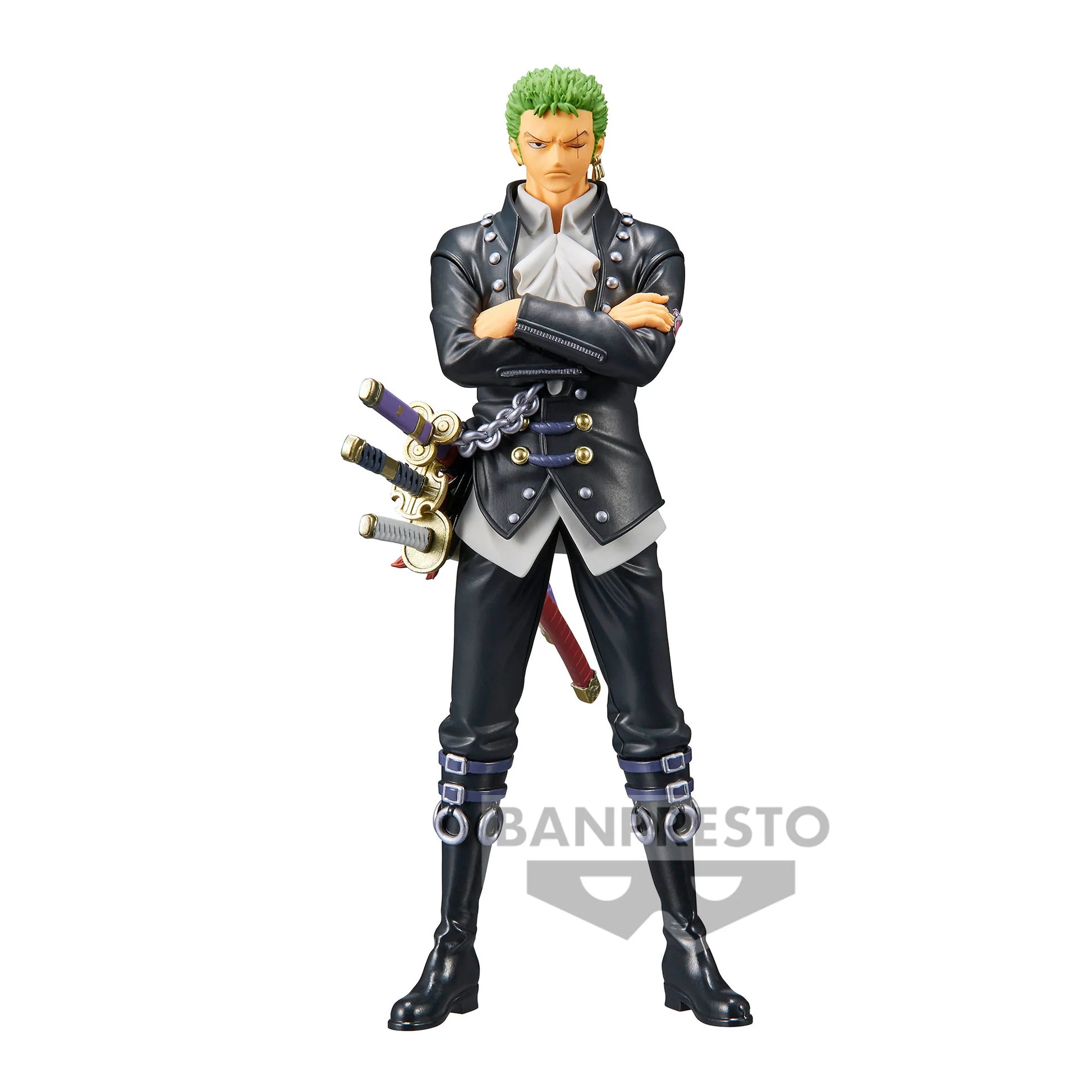 Figurine PVC Roronoa Zoro – DXF The Grandline Men (17 cm) de One Piece. Pose imposante avec ses trois sabres, fidèle au design du personnage. Produit officiel Banpresto inspiré de l’animé One Piece.