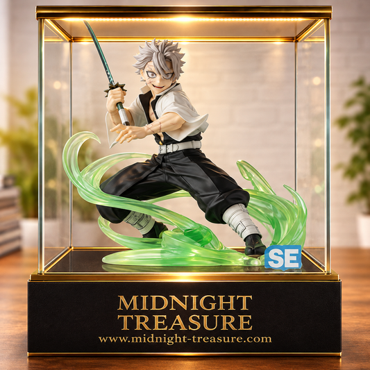 Figurine Demon Slayer – Sanemi Shinazugawa – Xross Link 12 cm par SEGA, représenté sabre en main entouré d’effets translucides verts du Souffle du Vent.