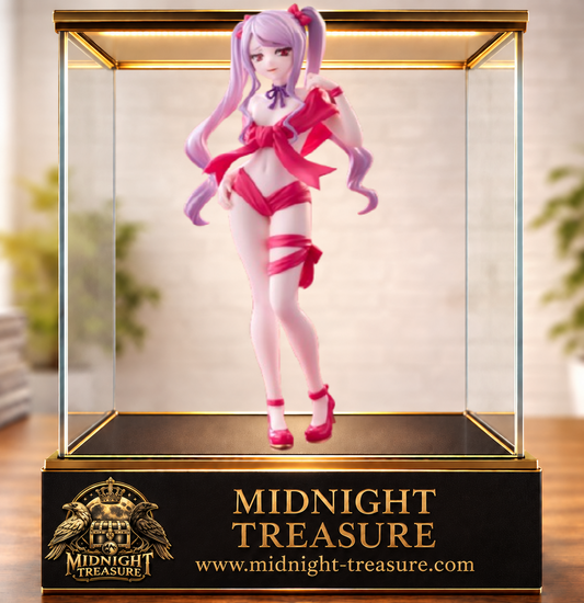 Figurine Overlord – Shalltear Bloodfallen – BiCute Ribbons 22 cm par FuRyu, représentée avec ses cheveux lavande et une tenue rouge composée de grands rubans.