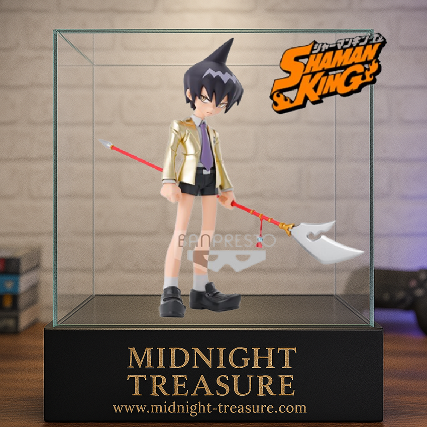 Figurine Shaman King – Tao Ren – 14 cm – Banpresto. Tao Ren debout avec sa hallebarde et sa veste dorée. Une figurine précise et puissante pour les fans de Shaman King.