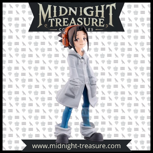  Figurine Shaman King de Yoh Asakura, 14 cm, pose emblématique avec manteau blanc, signée Banpresto, sous licence officielle.