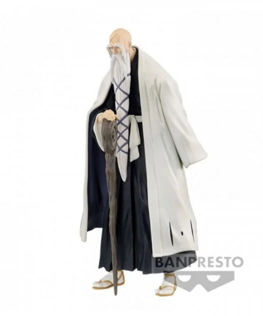 Figurine PVC Shigekuni Yamamoto Genryūsai – Solid and Souls (15 cm) de Bleach. Pose imposante avec son bâton dissimulant Ryūjin Jakka. Produit officiel Banpresto inspiré de l’animé Bleach.