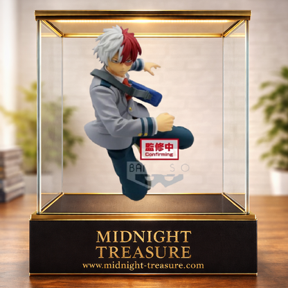 Figurine Shoto Todoroki Bravegraph Vol.2 Banpresto 14 cm issue de My Hero Academia, représentant Shoto en uniforme du lycée Yuei avec son sac en bandoulière dans une pose dynamique de course.