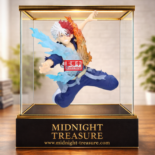 Figurine Shoto Todoroki III The Amazing Heroes-Plus Banpresto 15 cm issue de My Hero Academia, représentant Shoto dans son état Rekketsu Nekketsu Ken Rin lors de son combat contre Dabi, avec de grands effets de glace et de flammes translucides.