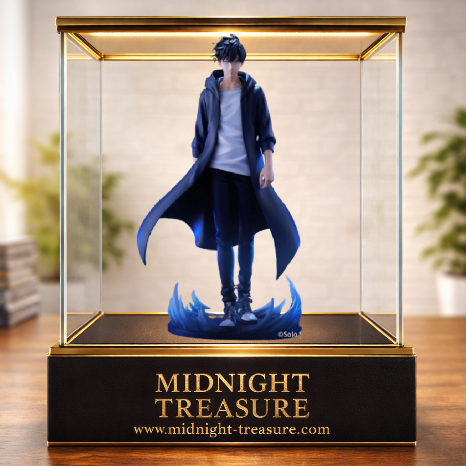 Figurine Solo Leveling – Sung Jinwoo – Trio-Try-iT – 24 cm – FuRyu. Sung Jinwoo avance avec son long manteau noir et son regard déterminé, entouré d'effets d'énergie bleue. Une figurine détaillée parfaite pour les fans de Solo Leveling.