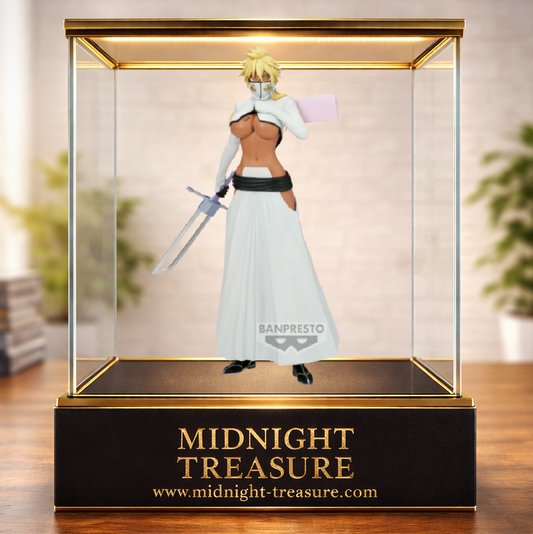 Figurine Bleach – Tier Harribel – Glitter & Glamours – 25 cm – Banpresto Bandai Spirits. Harribel porte sa tenue blanche d'Arrancar, son masque fragmenté et tient son immense sabre dans une posture calme et imposante. Une figurine détaillée parfaite pour les fans de Bleach.