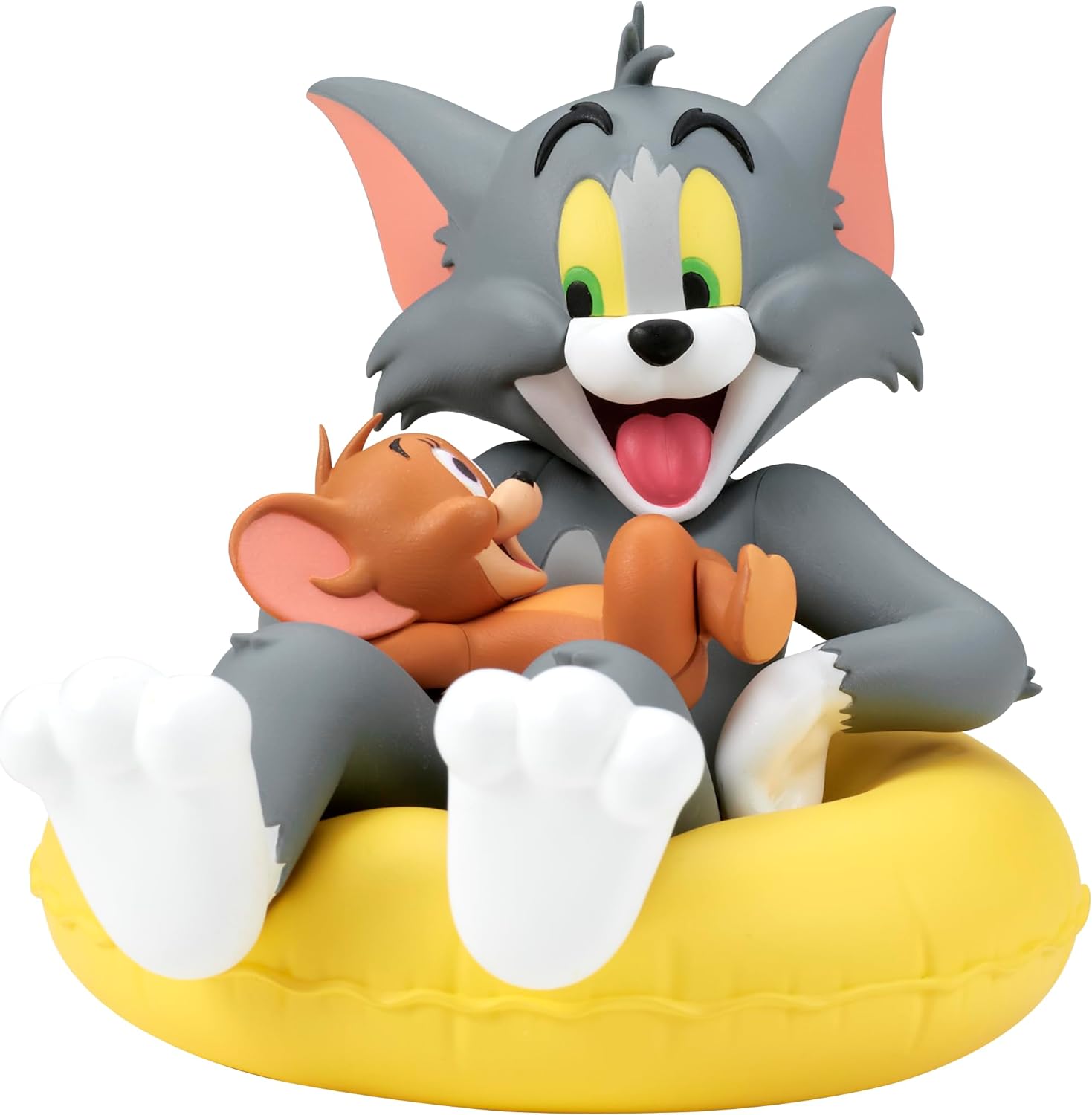 Figurine Tom and Jerry Enjoy Float 10 cm en PVC et ABS, représentant Tom sur une bouée tenant Jerry, parfaite pour les fans du dessin animé classique