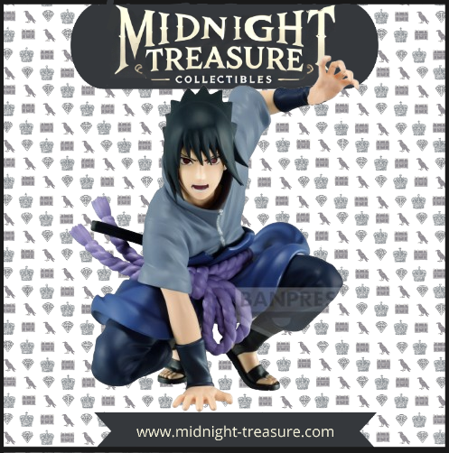 Figurine Naruto Shippuden – Uchiha Sasuke – Panel Spectacle – 9 cm – Banpresto. Sasuke dans une posture dynamique, prêt à exécuter une invocation de serpent. Une figurine détaillée parfaite pour les fans de Naruto.