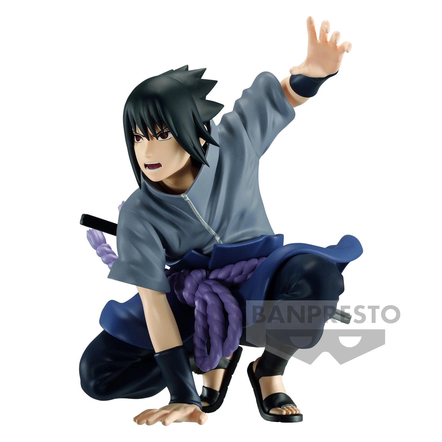 Figurine Naruto Shippuden – Uchiha Sasuke – Panel Spectacle – 9 cm – Banpresto. Sasuke dans une posture dynamique, prêt à exécuter une invocation de serpent. Une figurine détaillée parfaite pour les fans de Naruto.